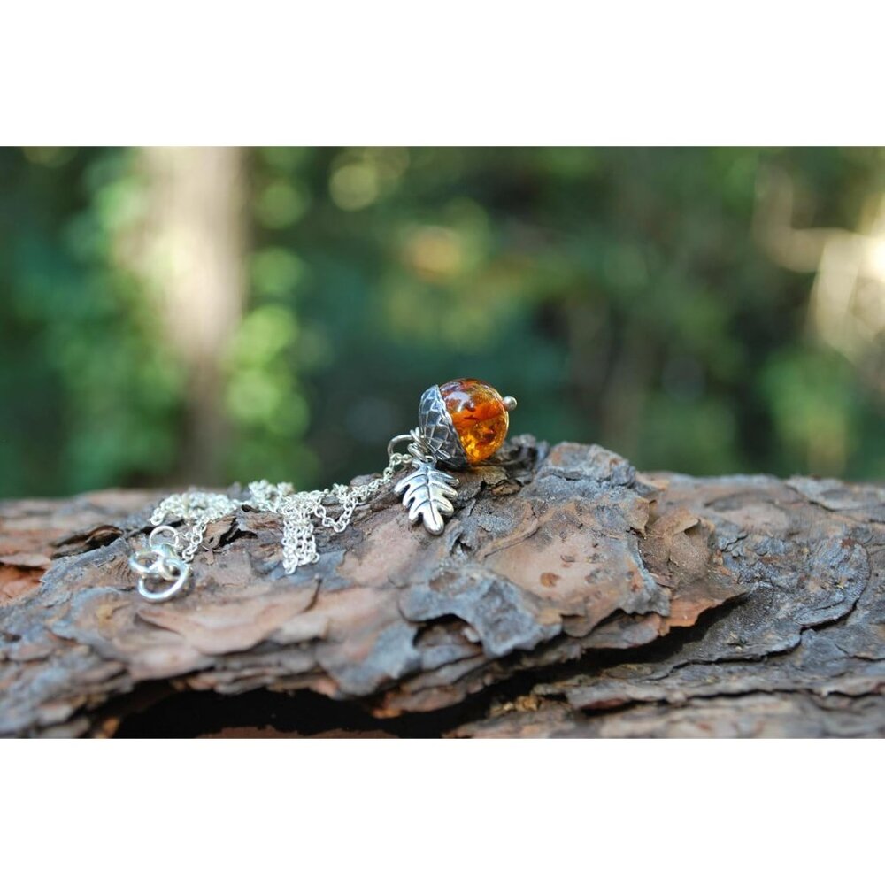 Orange and Silver Acorn Necklace - Fall Orange Acorn Pendant- Cute Nature Charm - Picture 3 of 9